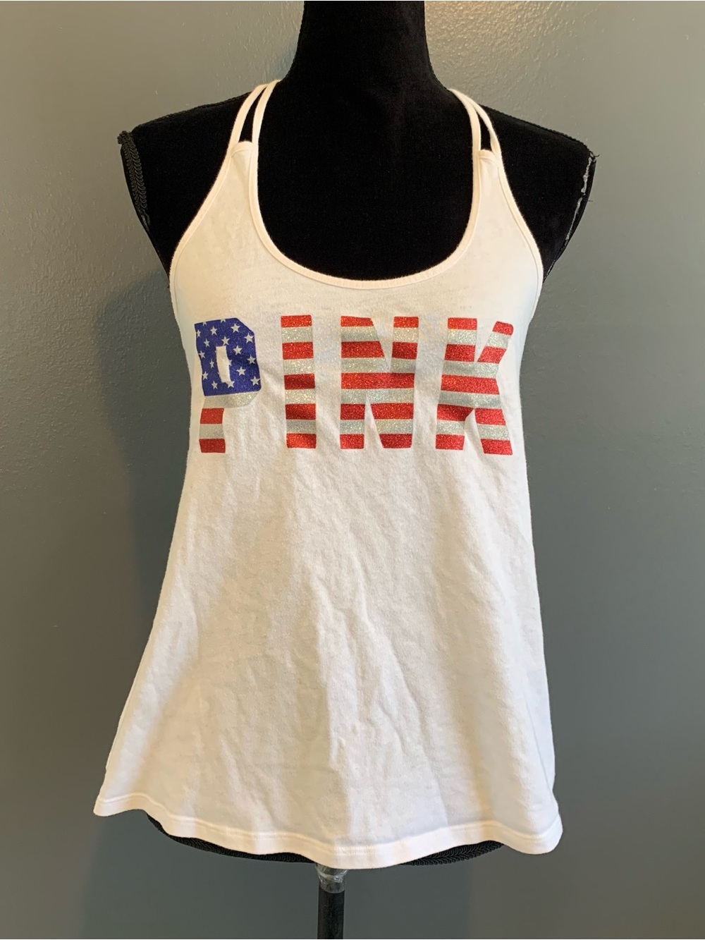 Victoria's Secret PINK White Tank with Red, White & Blue Flag Logo